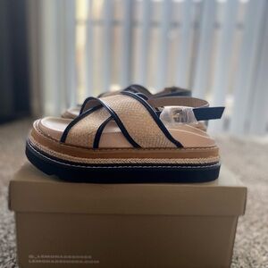 Neutral Raffia Slingback Sandals with Black Trim